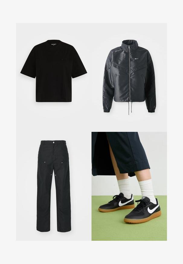 Sort cropped jakke med høj krave, lynlås lukning, elastiske manchetter og et hvidt Nike-logo. Glat, blankt stof med en let struktureret overflade.; Sort bomulds t-shirt med en afslappet pasform, korte ærmer, rund halsudskæring og en lille logodetalje på venstre bryst.; Sorte bukser med lige ben-design, lavet af et tekstureret stof. Har dekorativt sølvhardware og unikke sømdetaljer.; Sorte læder- og syntetiske sneakers med hvid Nike swoosh, gummisål, rund tå og sorte snørebånd. Ribbede hvide sokker synlige.