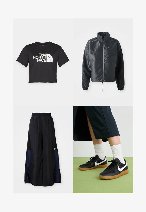 Black cropped jacket with high collar, zip closure, elastane cuffs, and a white Nike logo. Smooth, shiny fabric with a slightly textured surface.; Black cropped t-shirt made of cotton, featuring a white logo with curved accents and text "THE NORTH FACE" on the front. Short sleeves, crew neck.; Black wide-leg pants made of lightweight fabric, featuring a navy blue side panel and an elastic waistband. Small white logo on bottom.; Black leather and synthetic sneakers with white Nike swoosh, rubber gum sole, round toe, and black laces. Ribbed white socks visible.