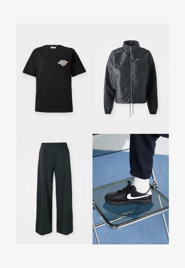 Černá zkrácená bunda s vysokým límcem, zipovým zapínáním, elastickými manžetami a bílým logem Nike. Hladká, lesklá látka s mírně strukturovaným povrchem.; Černé bavlněné tričko s krátkým rukávem, ozdobené srdcovým grafickým vzorem v purpurové a béžové barvě s textem "Carhartt WIP 1989".; Černé sportovní kalhoty s širokým střihem a elastickým pasem. Vyrobené z hladkého, pružného materiálu, s jemnými předními švy a bez kapes.; Černé tenisky Nike s bílými akcenty, s hladkou koženou texturou, šněrovacím designem a zaoblenou špičkou, umístěné na skleněné židli.