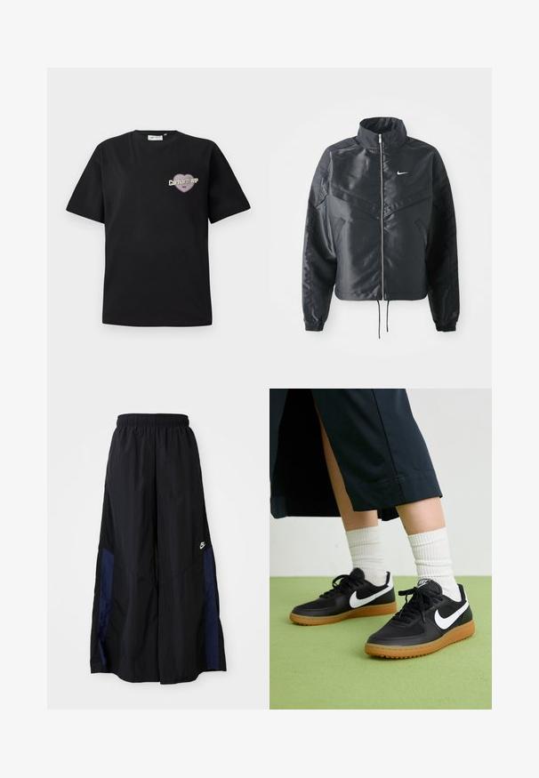 Sort cropped jakke med høj krave, lynlås lukning, elastiske manchetter og et hvidt Nike-logo. Glat, blankt stof med en let struktureret overflade.; Sort bomulds t-shirt med korte ærmer, der har et hjertformet grafik i lilla og beige med teksten "Carhartt WIP 1989".; Sorte vide benbukser lavet af letvægtsstof, med et marineblåt sidepanel og en elastisk talje. Lille hvidt logo nederst.; Sorte læder- og syntetiske sneakers med hvid Nike swoosh, gummisål, rund tå og sorte snørebånd. Ribbede hvide sokker synlige.