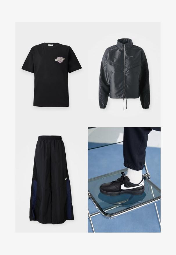 Sort cropped jakke med høj krave, lynlås lukning, elastiske manchetter og et hvidt Nike-logo. Glat, blankt stof med en let struktureret overflade.; Sort bomulds t-shirt med korte ærmer, der har et hjertformet grafik i lilla og beige med teksten "Carhartt WIP 1989".; Sorte vide benbukser lavet af letvægtsstof, med et marineblåt sidepanel og en elastisk talje. Lille hvidt logo nederst.; Sorte Nike sneakers med hvide detaljer, der har en glat læderoverflade, snørebånd og rund tå, placeret på en glasstol.