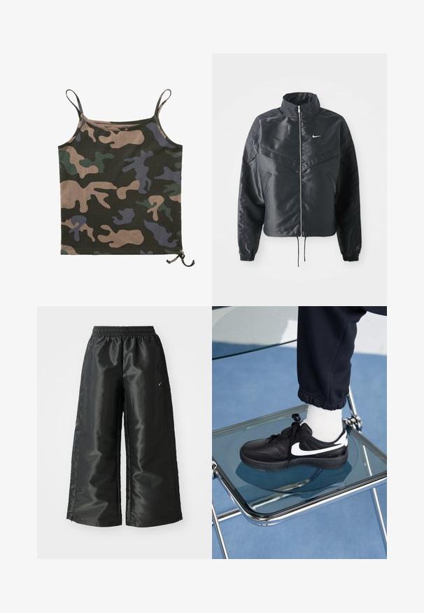Svart kort jacka med hög krage, dragkedja, ärmslut i elastan och en vit Nike-logotyp. Slät, glänsande tyg med en något strukturerad yta.; Brandit Linne - darkcamo; Svarta träningsbyxor i ett glänsande, slätt tyg, med en elastisk midja, vida ben och en liten logotyp på vänster sida.; Svarta Nike-sneakers med vita detaljer, med en slät läderstruktur, snörningsdesign och rund tå, placerade på en glasstol.