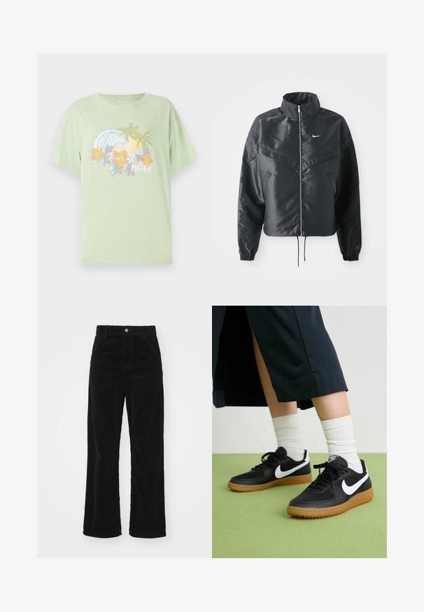 Zwarte cropped jack met hoge kraag, ritsluiting, elastische manchetten en een wit Nike-logo. Glad, glanzend materiaal met een licht gestructureerd oppervlak.; Lichtgroen T-shirt met korte mouwen, met een golf- en bloemenafbeelding en de merknaam "ROXY" in het wit. Zacht katoen materiaal.; Zwarte corduroy wijde broek met een hoge taille, voorzien van een voospan knoop- en ritssluiting, en een verticale ribstructuur overal.; Zwarte leren en synthetische sneakers met witte Nike swoosh, rubberen gumzool, ronde neus en zwarte veters. Geribbelde witte sokken zichtbaar.