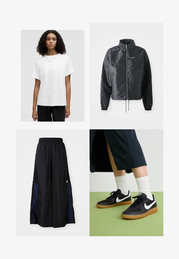 Schwarze, verkürzte Jacke mit hohem Kragen, Reißverschluss, Elastan-Ärmeln und einem weißen Nike-Logo. Glattes, glänzendes Material mit leicht strukturiertem Oberflächeneffekt.; Weißes Baumwoll-T-Shirt mit lockerer Passform, kurzen Ärmeln und Rundhalsausschnitt. Glatte Textur, ohne Muster, getragen mit einer einfachen Halskette.; Schwarze weit geschnittene Hose aus leichtem Stoff, mit einem dunkelblauen Seitenpanel und einem elastischen Bund. Kleines weißes Logo am unteren Ende.; Schwarze Leder- und synthetische Sneakers mit weißem Nike-Swoosh, Gummisohle, runder Spitze und schwarzen Schnürsenkeln. Gestreifte weiße Socken sind sichtbar.