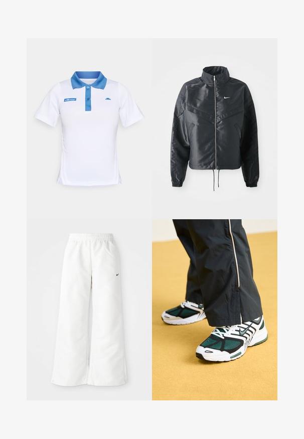 Čierna skrátená bunda s vysokým golierom, zipsovým uzatváraním, elastickými manžetami a bielym logom Nike. Hladká, lesklá tkanina s mierne textúrovaným povrchom.; Biele polo tričko s modrým golierom a gombíkovou légou. Obsahuje modré logo na hrudi a bočné detaily. Hladká textúra tkaniny.; Biele športové nohavice so širokým strihom, elastickým pásom a malým čiernym logom Nike na ľavej strane. Hladký, ľahký materiál.; Bežecké topánky s sieťovaným zvrškom, v zeleno-čiernej farbe, s bielymi akcentmi, čiernou podrážkou a viacerými dierkami na šnúrky pre bezpečné upevnenie.