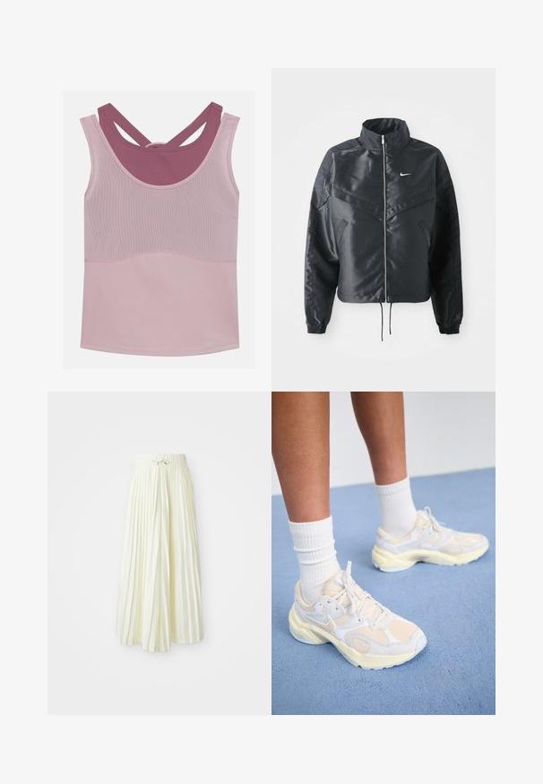 Czarna krótka kurtka z wysokim kołnierzem, zamek błyskawiczny, ściągacze z elastanu i białe logo Nike. Gładki, błyszczący materiał o lekko teksturowanej powierzchni.; Even&Odd active - Top; Skórzana spódnica midi w jasnym żółtym kolorze, z elastycznym pasem z wiązaniem, gładką fakturą i pionowymi paskami dla dodatkowego akcentu.; Smukłe buty sportowe w jasnym żółtym i białym kolorze, wykonane z siateczki i materiałów syntetycznych, o zaokrąglonym kształcie i teksturowanych podeszwach.