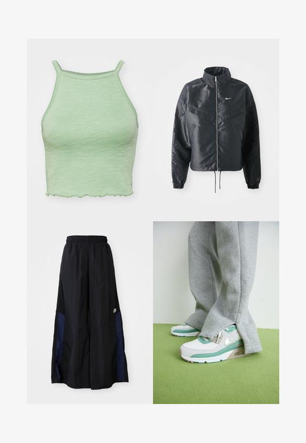 Zwarte cropped jack met hoge kraag, ritsluiting, elastische manchetten en een wit Nike-logo. Glad, glanzend materiaal met een licht gestructureerd oppervlak.; Groene geribbelde crop top met dunne bandjes, voorzien van een geschulpte zoom en een gestructureerde stof. Geen opvallende hardware of patronen.; Zwarte wijdlopende broek van lichtgewicht stof, met een marineblauwe zijpaneel en een elastische tailleband. Klein wit logo onderaan.; Nike Air Max sneakers in het wit met mintaccenten, met een gestructureerde bovenkant, grijze veters en een zichtbare luchtunit. Draag met grijze sweatpants.