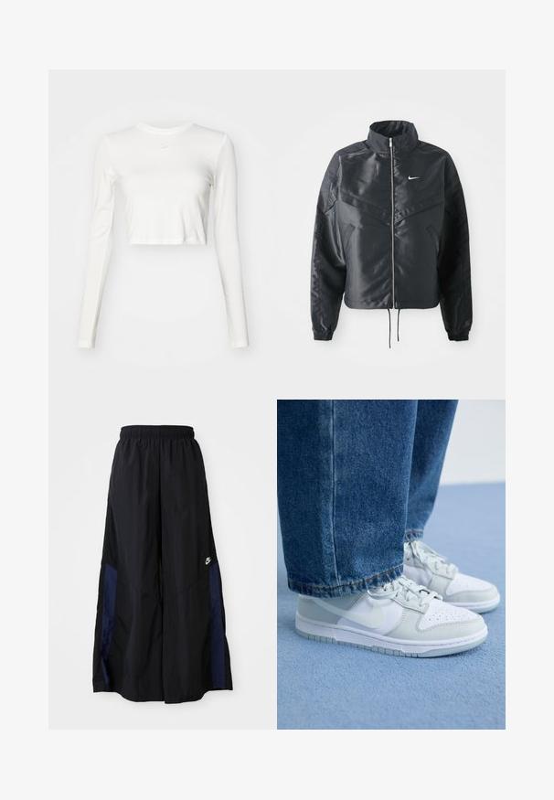 Casaco preto curto com colarinho alto, fecho de zip, punhos em elastano e um logótipo Nike branco. Tecido suave e brilhante com uma superfície ligeiramente texturizada.; Nike Sportswear Camisola de manga comprida - sail; Calças largas pretas feitas de tecido leve, com um painel lateral azul-marinho e cintura elástica. Pequeno logótipo branco na parte inferior.; Ténis Nike em couro branco e cinza claro com biqueira perfurada, atacadores planos e sola de borracha, combinados com calças de ganga azuis.