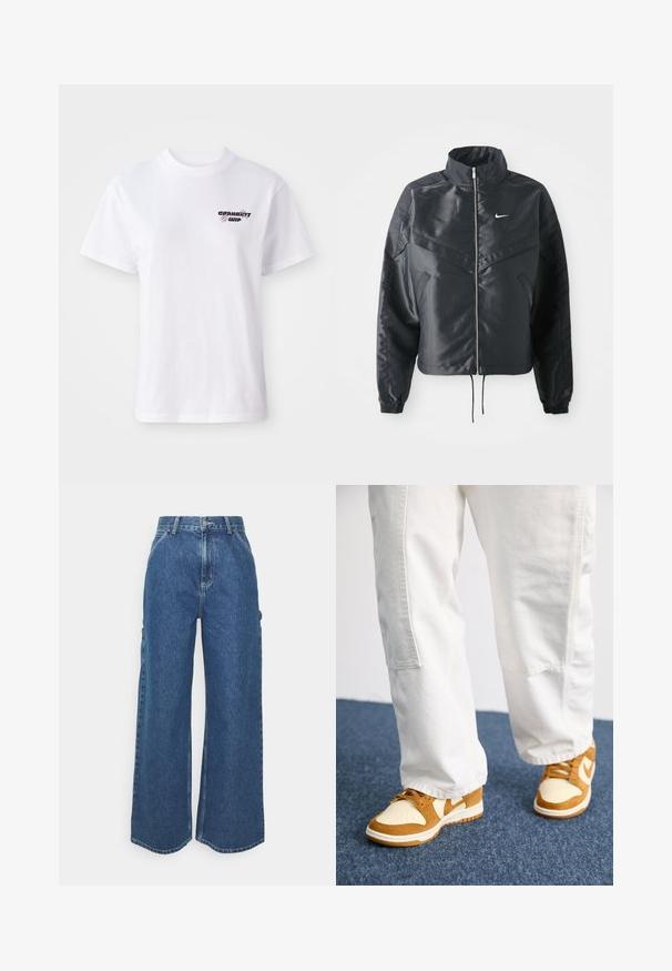 Giacca nera cropped con colletto alto, chiusura a zip, polsini in elastan e logo Nike bianco. Tessuto liscio e lucido con una superficie leggermente texturizzata.; T-shirt bianco a maniche corte con collo rotondo, dotato di un piccolo logo Carhartt WIP nero e viola sul lato sinistro del petto.; Pantaloni in denim blu a gamba larga con vita alta, cuciture a contrasto e tasche laterali, caratterizzati da un classico design a cinque tasche e orli grezzi.; Sneakers marroni e crema realizzati in suede e pelle, con punta perforata, lacci e suole bianche. Indossati con pantaloni bianchi.