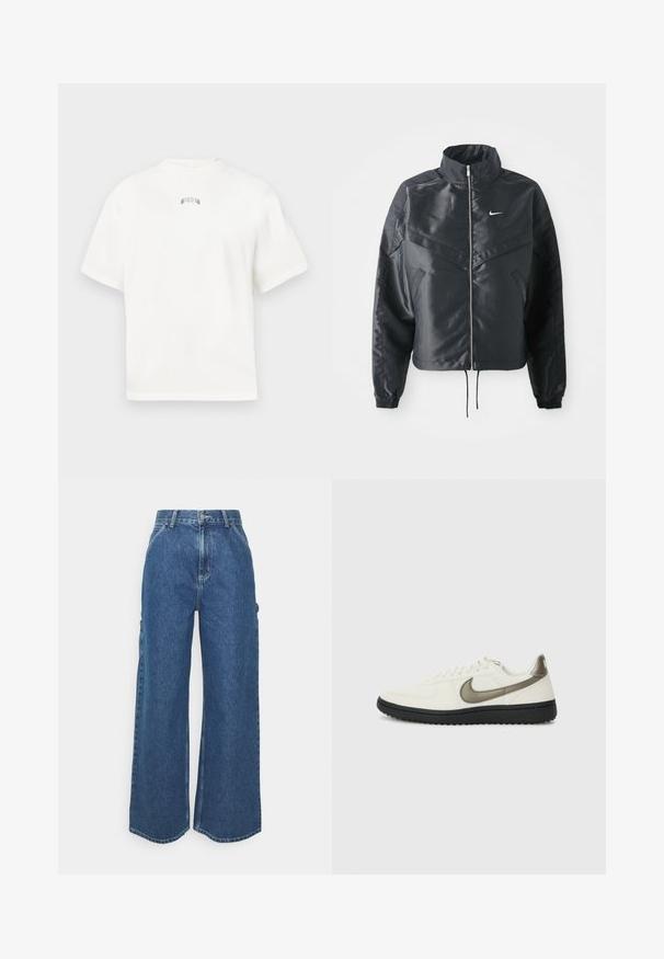 Must kolledžiga must lühike jope, millel on lukuga sulgus, elastne mansett ja valge Nike logo. Sile, läikiv kangas, millel on veidi tekstureeritud pind.; Valge lühikeste varrukatega T-särk ümmarguse kaelusega, mille tagaküljel on peene rohelise värvi tikand. Pehme puuvillane materjal, vabaaja lõige.; Laiene jalad sinised denim püksid kõrge vöökohaga, kontrastsete õmblustega ja küljetaskutega, klassikalise viie taskuga disainiga ja toore servaga.; Nike Sportswear FIELD GENERAL - Tossud - off-white/black