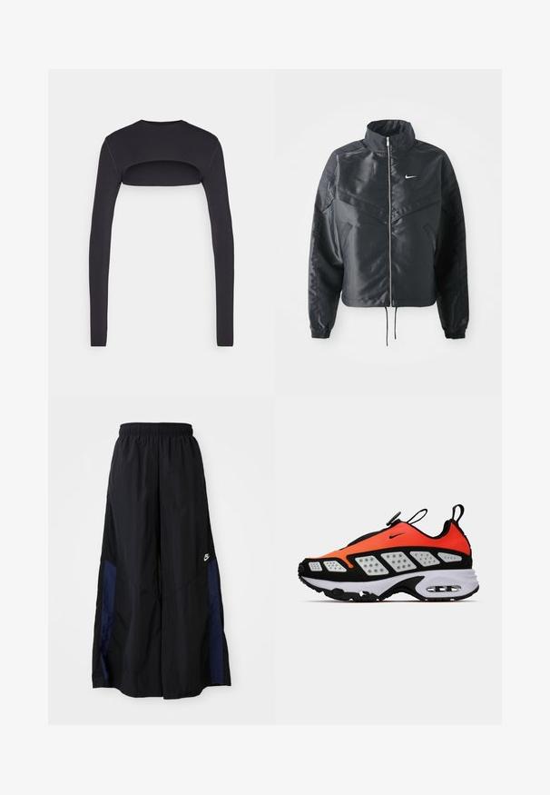 Čierna skrátená bunda s vysokým golierom, zipsovým uzatváraním, elastickými manžetami a bielym logom Nike. Hladká, lesklá tkanina s mierne textúrovaným povrchom.; Čierny dlhý rukáv s výstrihom na chrbte. Vyrobený z hladkého materiálu, priliehajúci strih, s okrúhlym výstrihom.; Čierne voľné nohavice vyrobené z ľahkého materiálu, s námorníckym modrým postranným panelom a elastickým pásom. Malé biele logo na spodnej časti.; Čierne a oranžové tenisky s sieťovinovým zvrškom, výraznou bielou medzipodrážkou a gumovou podrážkou s textúrovanými akcentmi a pútkom.