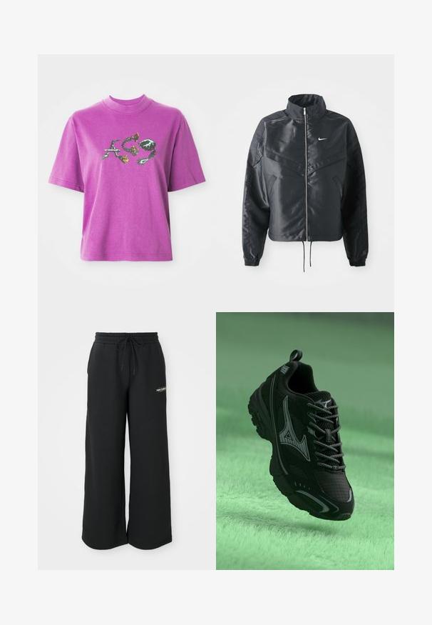 Juoda trumpa striukė su aukštu coloru, užtrauktuku, elastaniniu rankogaliu ir balta Nike logotipu. Lygus, blizgus audinys su šiek tiek tekstūruotu paviršiumi.; Violet trumpas rankovėmis marškinėliai su aukštu apykakle ir grafikės dizainu, vaizduojančiais stilizuotas raides "A", "C" ir "9" su gėlių ir erškėčių elementais.; Juodos platėjančios sportinės kelnės, pagamintos iš minkštos medžiagos, su elastingu juosmeniu ir raišteliu, taip pat nedideliu logotipu kairėje pusėje.; Juodas sportinis batelis su tekstūruota paviršiumi, pilkais akcentais ir raišteliais. Yra išryškintas prekės ženklo logotipas ir paminkštintas padas, užtikrinantis atramą.