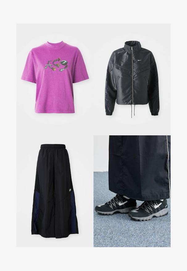 Svart cropped jakke med høy krage, glidelåsåpning, elastiske mansjetter og en hvit Nike-logo. Glatt, shiny stoff med en lett teksturert overflate.; Lilla kortermet T-skjorte med høyt krage og grafisk design av stiliserte bokstaver "A", "C" og "9" med blomster- og torneelementer.; Svarte vide bukser laget av lett stoff, med et marineblått sidestykke og elastisk midjebånd. Liten hvit logo nederst.; Svarte treningssko med teksturert overdel, sølv detaljer og mønstrete såle, sammen med et svart langt plagg. Plassert på et blått teppe.