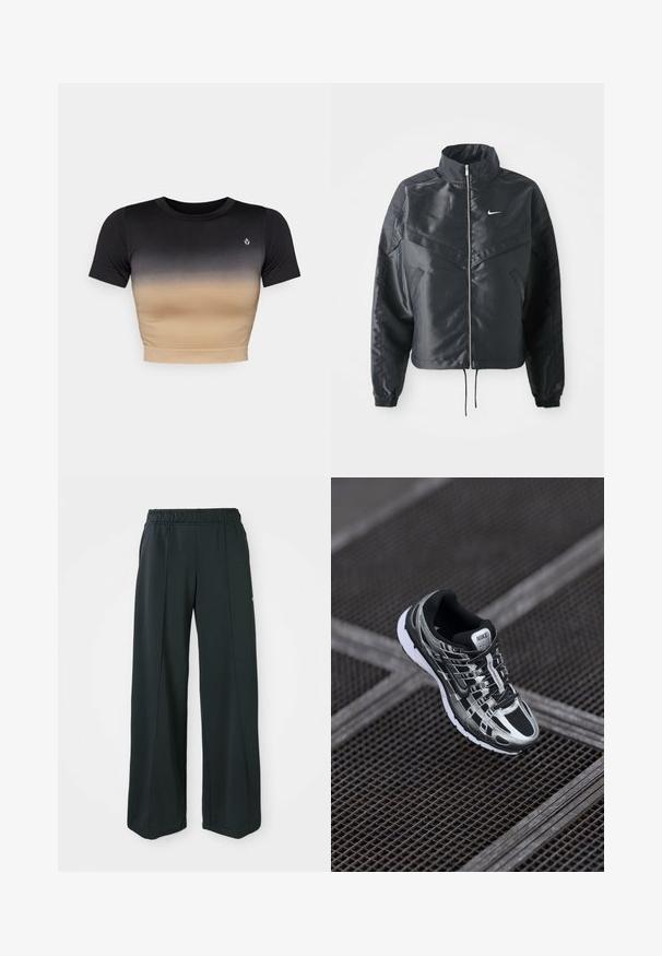 Zwarte cropped jack met hoge kraag, ritsluiting, elastische manchetten en een wit Nike-logo. Glad, glanzend materiaal met een licht gestructureerd oppervlak.; Korte mouw crop top met een verloop van zwart naar beige. Soepele textuur, ronde halslijn en een subtiel logo op de borst.; Zwarte, wijde sportbroek met een elastische tailleband. Gemaakt van gladde, rekbare stof, met subtiele voornaden en zonder zakken.; Nike hardloopschoen met een zwart en zilver kleurenschema, bovenwerk van mesh, tekstuurzool en vetersysteem voor een veilige pasvorm.