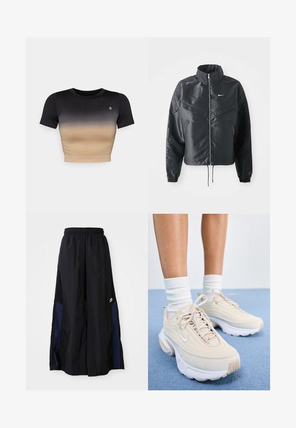 Crna kratka jakna s visokim ovratnikom, zatvaranjem na patentni zatvarač, elastinim rukavima i bijelim Nike logom. Glatka, sjajna tkanina s lagano teksturiranom površinom.; Kratki rukav, kratki top s gradijentnom nijansom od crne do bež. Glatka tekstura, okrugli izrez i suptilan logo na prsima.; Crne hlače širokih nogavica izrađene od lagane tkanine, sa tamnoplavim bočnim panelom i elastičnom stražnjom trakom. Mali bijeli logo je na dnu.; Bež sportske cipele s teksturiranim gornjim dijelom, bijelim vezicama i debelim bijelim potplatom. Dizajn sadrži suptilne obline i mali logo.