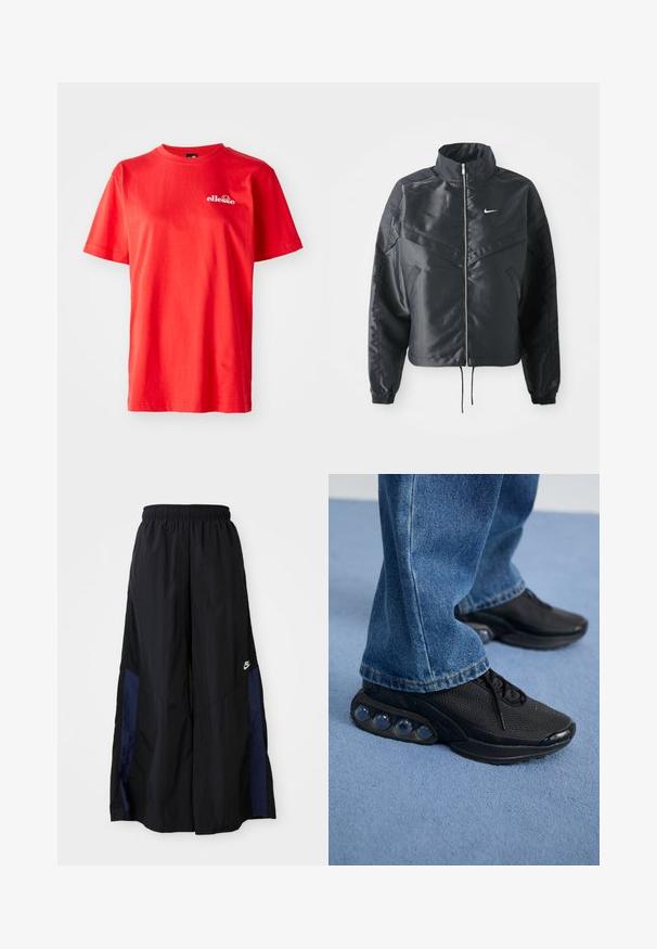 Mustat lyhyet takit, joissa on korkea kaulus, vetoketjukiinnitys, elastaanista valmistetut hihan suut ja valkoinen Nike-logo. Sileä, kiiltävä kangas, jossa on hieman tekstuuria.; Punainen puuvillapaita lyhyillä hihoilla, pyöreä kaula-aukko ja pieni valkoinen logo rinnassa. Sileä pinta ja klassinen mitoitus.; Musta leveälahkeinen housu, joka on valmistettu kevyestä kankaasta. Housuissa on tummansininen sivupaneeli ja joustava vyötärö. Alhaalla on pieni valkoinen logo.; Mustat urheilukengät, joissa on verkkomateriaali, teksturoituja yksityiskohtia ja näkyvät ilmatyynyllä varustetut pohjat. Yhdistettynä sinisiin farkkuihin.