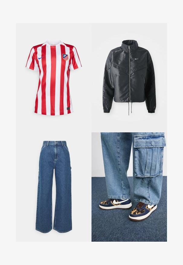 Sort cropped jakke med høj krave, lynlås lukning, elastiske manchetter og et hvidt Nike-logo. Glat, blankt stof med en let struktureret overflade.; Rød og hvid stribet fodboldtrøje med V-hals, prydet med et blåt Nike-logo og en klubkrone på venstre bryst. Fremstillet af åndbart stof.; Bredde ben blå denimbukser med høj talje, kontrastsyede sømme og sidelommer, med et klassisk fem-lomme design og rå kanter.; Marineblå sneakers med leopardprint-detaljer, hvid Nike swoosh, brune snørebånd og hvid mellemsål. Kombineret med lyse denim cargo-bukser.
