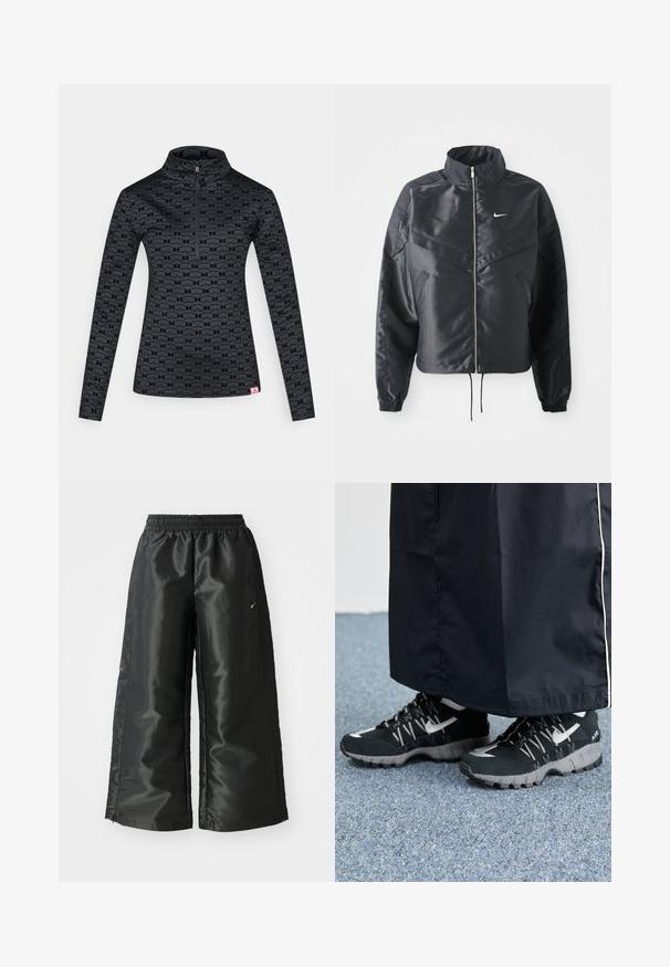 Casaco preto curto com colarinho alto, fecho de zip, punhos em elastano e um logótipo Nike branco. Tecido suave e brilhante com uma superfície ligeiramente texturizada.; Pulôver preto de mangas compridas com fecho de quarto de zip. Apresenta um padrão subtil em todo o tecido e uma pequena etiqueta de logótipo cor-de-rosa na bainha. Textura suave e lisa.; Calças atléticas pretas com um tecido brilhante e suave, apresentando uma cintura elástica, pernas largas e um pequeno logotipo do lado esquerdo.; Tênis atléticos pretos com um cabedal texturizado, detalhes prateados e um solado estampado, combinados com uma peça longa preta. Ambientado sobre um tapete azul.