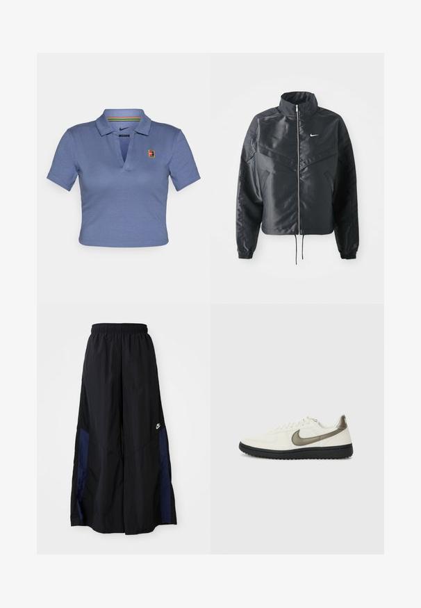 Mustat lyhyet takit, joissa on korkea kaulus, vetoketjukiinnitys, elastaanista valmistetut hihan suut ja valkoinen Nike-logo. Sileä, kiiltävä kangas, jossa on hieman tekstuuria.; Lyhyeksi leikattu sininen polo-paita, jossa on kauluspanta, Nike-logo ja monivärinen raidoitus kauluksen sisäpuolella. Pehmeä materiaali.; Musta leveälahkeinen housu, joka on valmistettu kevyestä kankaasta. Housuissa on tummansininen sivupaneeli ja joustava vyötärö. Alhaalla on pieni valkoinen logo.; Nike Sportswear FIELD GENERAL - Matalavartiset tennarit - off-white/black