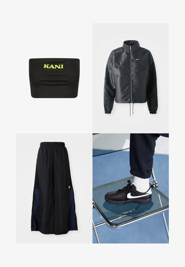 Mustat lyhyet takit, joissa on korkea kaulus, vetoketjukiinnitys, elastaanista valmistetut hihan suut ja valkoinen Nike-logo. Sileä, kiiltävä kangas, jossa on hieman tekstuuria.; Mustaton olkaimeton paita, joka on valmistettu joustavasta kankaasta ja jossa on suuri neonkeltainen "KANI" -logo keskellä. Sileä pinta ja vähäiset saumat.; Musta leveälahkeinen housu, joka on valmistettu kevyestä kankaasta. Housuissa on tummansininen sivupaneeli ja joustava vyötärö. Alhaalla on pieni valkoinen logo.; Mustat Nike-tennarit valkoisilla yksityiskohdilla, joissa on sileä nahkapinta, nauhakiinnitys ja pyöreä varvas, aseteltuna lasituolille.