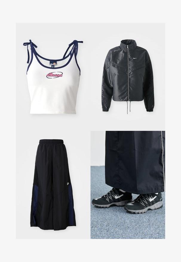 Schwarze, verkürzte Jacke mit hohem Kragen, Reißverschluss, Elastan-Ärmeln und einem weißen Nike-Logo. Glattes, glänzendes Material mit leicht strukturiertem Oberflächeneffekt.; Weißes Cropped-Top mit marineblauen Trägern, ausgestattet mit dem bestickten Logo "ellesse" in Pink. Glattes Material, verstellbare Bindebänder an den Schultern.; Schwarze weit geschnittene Hose aus leichtem Stoff, mit einem dunkelblauen Seitenpanel und einem elastischen Bund. Kleines weißes Logo am unteren Ende.; Schwarze Sportschuhe mit einer strukturierten Oberseite, silbernen Akzenten und einer gemusterten Außensohle, kombiniert mit einem schwarzen langen Kleidungsstück. Auf einem blauen Teppich drapiert.