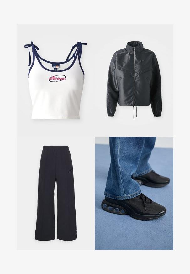 Must kolledžiga must lühike jope, millel on lukuga sulgus, elastne mansett ja valge Nike logo. Sile, läikiv kangas, millel on veidi tekstureeritud pind.; Valge lühike tipp tumesinisete rihmadega, millel on roosa tikand "ellesse". Sile kangas, reguleeritavad sidemed õlgadel.; Mustad laiad mustad püksid, millel on elastne vöökoht ja väike valge Nike logo. Kanga tekstuur on sile, disainitud mugavuseks ja igapäevaseks kandmiseks.; Mustad mustandid jooksujalatsid, millel on võrkmaterjalist ülemine osa, tekstuuriga detailid ja nähtavad õhkpadjad tallas. Kandmine siniste teksadega.