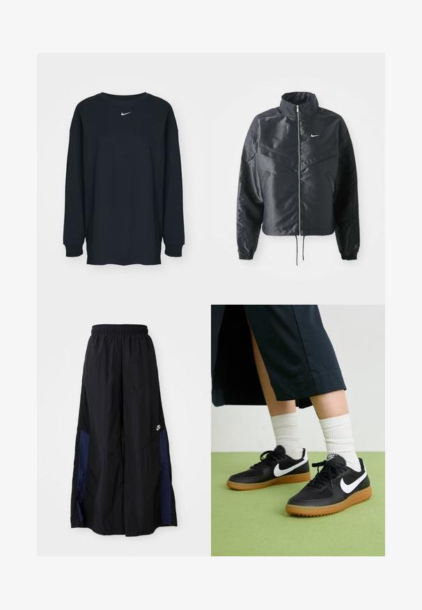 Casaco preto curto com colarinho alto, fecho de zip, punhos em elastano e um logótipo Nike branco. Tecido suave e brilhante com uma superfície ligeiramente texturizada.; Camisola preta de mangas longas feita de algodão com decote redondo. Apresenta um logótipo branco da Nike no peito. Textura suave, design simples.; Calças largas pretas feitas de tecido leve, com um painel lateral azul-marinho e cintura elástica. Pequeno logótipo branco na parte inferior.; Sapatilhas pretas em couro e sintético com o logo da Nike em branco, sola de borracha tipo goma, bico redondo e atacadores pretos. Meias brancas com frunces visíveis.