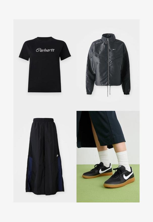 Black cropped jacket with high collar, zip closure, elastane cuffs, and a white Nike logo. Smooth, shiny fabric with a slightly textured surface.; Black cotton t-shirt with short sleeves and a round neckline. Features "Carhartt" logo in white, textured, chain-like design across the chest.; Black wide-leg pants made of lightweight fabric, featuring a navy blue side panel and an elastic waistband. Small white logo on bottom.; Black leather and synthetic sneakers with white Nike swoosh, rubber gum sole, round toe, and black laces. Ribbed white socks visible.