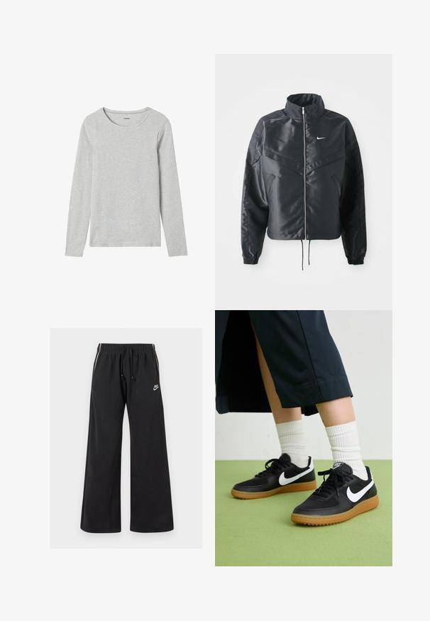 Schwarze, verkürzte Jacke mit hohem Kragen, Reißverschluss, Elastan-Ärmeln und einem weißen Nike-Logo. Glattes, glänzendes Material mit leicht strukturiertem Oberflächeneffekt.; Graues Langarmhemd aus leichtem Baumwollmix mit Rundhalsausschnitt und schlichter Textur ohne Muster oder Akzente.; Schwarze Jogginghosen aus weichem Material, mit einem elastischen Bund und einem Kordelzug, seitlichen Streifen und einem kleinen Logo auf der linken Vorderseite.; Schwarze Leder- und synthetische Sneakers mit weißem Nike-Swoosh, Gummisohle, runder Spitze und schwarzen Schnürsenkeln. Gestreifte weiße Socken sind sichtbar.