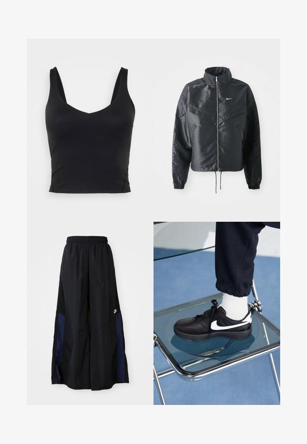 Sort cropped jakke med høj krave, lynlås lukning, elastiske manchetter og et hvidt Nike-logo. Glat, blankt stof med en let struktureret overflade.; Sort ærmeløs crop top med dyb V-udskæring, lavet af glat, strækbart stof. Har en ren kant og ingen synlige mønstre eller detaljer.; Sorte vide benbukser lavet af letvægtsstof, med et marineblåt sidepanel og en elastisk talje. Lille hvidt logo nederst.; Sorte Nike sneakers med hvide detaljer, der har en glat læderoverflade, snørebånd og rund tå, placeret på en glasstol.