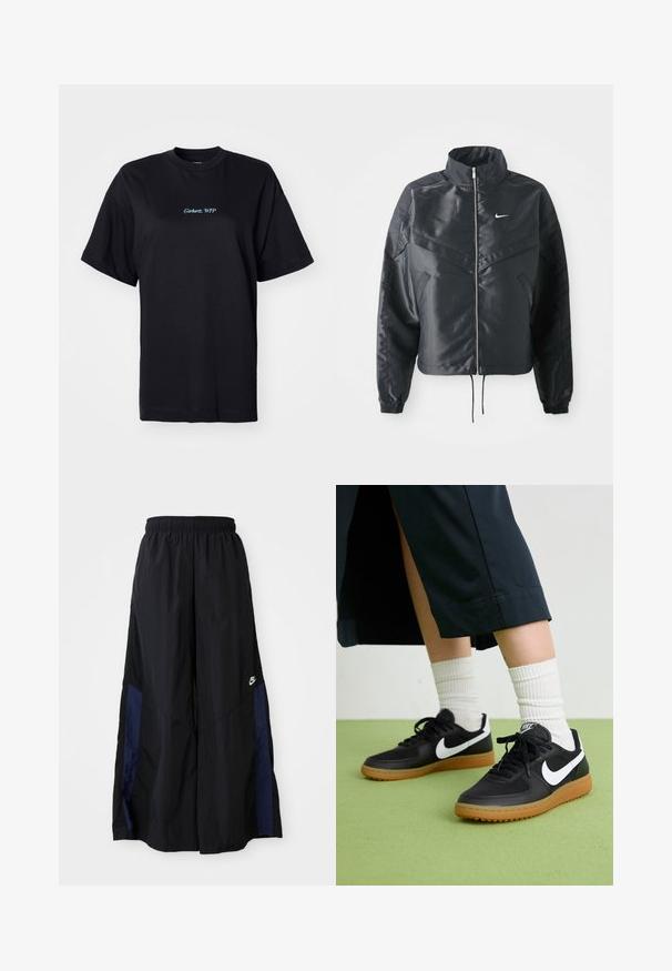 Čierna skrátená bunda s vysokým golierom, zipsovým uzatváraním, elastickými manžetami a bielym logom Nike. Hladká, lesklá tkanina s mierne textúrovaným povrchom.; Čierne bavlnené tričko s voľným strihom. Na prednej strane je vyšívaný nápis "Carhartt, WTP" v svetlomodrej farbe, okrúhly výstrih a krátke rukávy.; Čierne voľné nohavice vyrobené z ľahkého materiálu, s námorníckym modrým postranným panelom a elastickým pásom. Malé biele logo na spodnej časti.; Čierne kožené a syntetické tenisky so bielym logom Nike, gumenou podrážkou, okrúhlou špičkou a čiernymi šnúrkami. Viditeľné biele pruhované ponožky.
