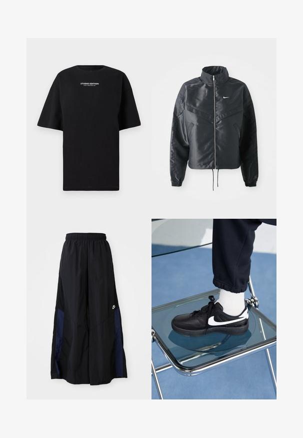 Černá zkrácená bunda s vysokým límcem, zipovým zapínáním, elastickými manžetami a bílým logem Nike. Hladká, lesklá látka s mírně strukturovaným povrchem.; Černé oversize tričko vyrobené z bavlny, s kulatým výstřihem a krátkými rukávy, na kterém je vytištěn nápis "STUDIO EDITION" v bílé barvě.; Černé kalhoty širokého střihu vyrobené z lehkého materiálu, s námořnickou modrou bočním panelem a elastickým pasem. Malé bílé logo na spodní části.; Černé tenisky Nike s bílými akcenty, s hladkou koženou texturou, šněrovacím designem a zaoblenou špičkou, umístěné na skleněné židli.