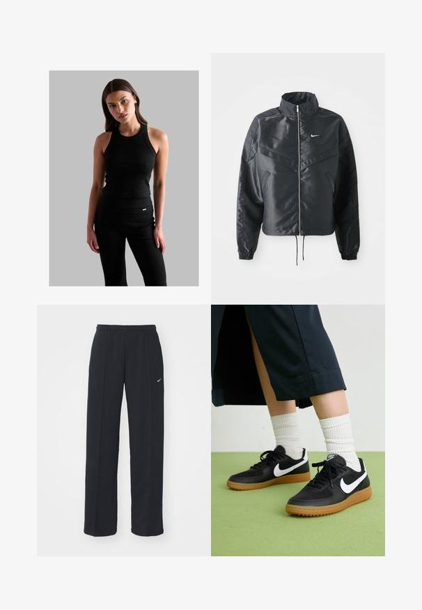 Črna skrajšana jakna z visokim ovratnikom, zadrgo, elastan rokavi in belim logotipom Nike. Gladek, sijoč material z rahlo teksturirano površino.; Črn rebrast top brez rokavov z okroglim ovratnikom, prilagojena zasnova in tanke naramnice, v kombinaciji s črnimi hlačami z visokim pasom, ki vsebujejo majhen logotip.; Črne Nike trenirke z elastičnim pasom in stranskimi žepi, z majhnim belim logotipom na levem hlačniku in ravno krojem.; Črne usnjene in sintetične superge z belim Nike swooshom, gumo na podplatu, okroglo konico ter črnimi vezalkami. Vidne so rebraste bele nogavice.