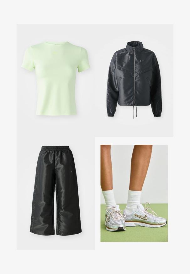 Jachetă croppată neagră cu guler înalt, închidere cu fermoar, manșete din elastan și un logo alb Nike. Material neted, lucios, cu o suprafață ușor texturată.; Tricou ajustat de culoare verde deschis, realizat dintr-o țesătură netedă, cu decolteu rotund și mâneci scurte, având un mic logo Nike de culoare verde neon.; Pantaloni sportivi negri dintr-un material lucios si neted, dotati cu o talie elastica, picioare late si un logo mic pe partea stanga.; Pantofi sport argintii cu accente albe și aurii, având un superior din plasă, talpă din cauciuc și un finisaj reflectorizant. Ciorapii sunt vizibili deasupra gleznei.