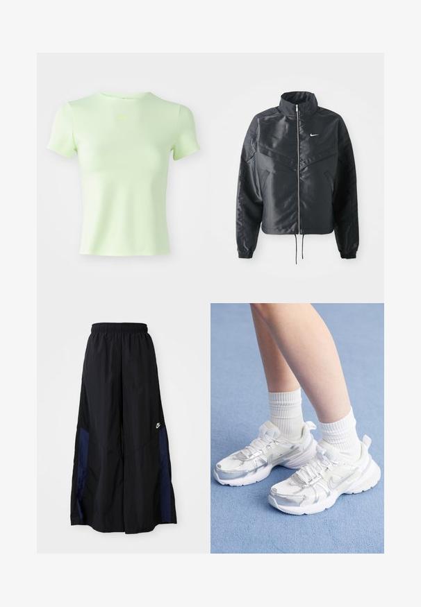 Fekete, rövidített dzseki magas gallérral, cipzáras záródással, elasztikus mandzsettákkal, és fehér Nike logóval. Simább, fényes anyag, enyhén textúrázott felülettel.; Világoszöld, testhezálló póló sima anyagból, kerek nyakkivágással és rövid ujjal, neonzöld Nike logóval a mellrészen.; Fekete, bő szárú nadrág könnyű anyagból, tengerészkék oldalsó panellel és elasztikus derékkal. Kicsi fehér logó az alján.; Fehér sportcipők, hálós és szintetikus borítással, ezüst Nike logóval, fehér bordás zoknikkal párosítva, egy kék felületen.