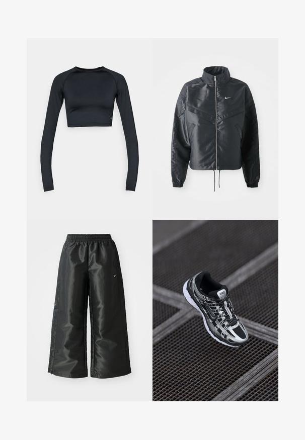 Svart cropped jakke med høy krage, glidelåsåpning, elastiske mansjetter og en hvit Nike-logo. Glatt, shiny stoff med en lett teksturert overflate.; Svart crop-top med lange ermer laget av glatt, elastisk stoff. Har rund halslinning og tettsittende design, med subtil detaljering ved kanten.; Svarte treningsbukser med en blank, glatt stoff, som har et elastisk liv, vide ben og en liten logo på venstre side.; Nike løpesko med svart og sølv fargepalett, mesh-overdel, teksturert såle og snøring for en sikker passform.