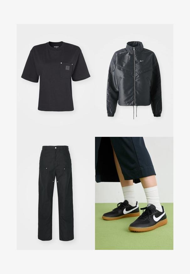 Schwarze, verkürzte Jacke mit hohem Kragen, Reißverschluss, Elastan-Ärmeln und einem weißen Nike-Logo. Glattes, glänzendes Material mit leicht strukturiertem Oberflächeneffekt.; Schwarzes Baumwoll-T-Shirt mit kurzen Ärmeln, Rundhalsausschnitt und einer Brusttasche mit einem Patch-Logo. Minimalistisches Design mit lässiger Passform.; Schwarze Hose mit geradem Bein, aus einem strukturierten Stoff. Verfügt über dekorative silberne Hardware und einzigartige Nahtdetails.; Schwarze Leder- und synthetische Sneakers mit weißem Nike-Swoosh, Gummisohle, runder Spitze und schwarzen Schnürsenkeln. Gestreifte weiße Socken sind sichtbar.