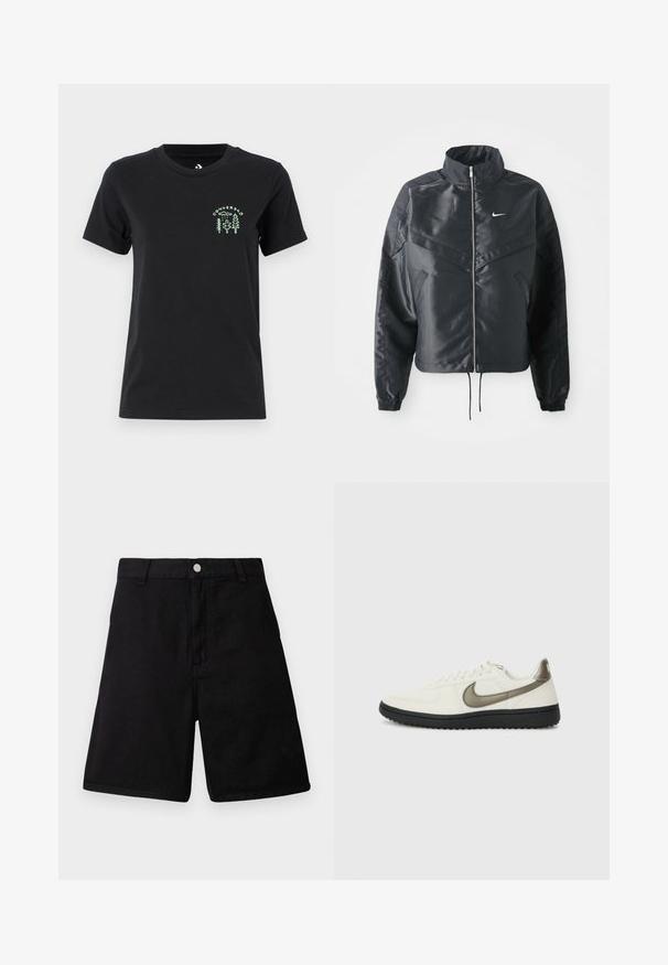 Juoda trumpa striukė su aukštu coloru, užtrauktuku, elastaniniu rankogaliu ir balta Nike logotipu. Lygus, blizgus audinys su šiek tiek tekstūruotu paviršiumi.; Converse FOREST ART TEE - Marškinėliai su spaudiniu - black; Juodi šortai, pagaminti iš patvarios medžiagos, turi tiesaus kirpimo dizainą, priekinės kišenės, užtrauktuko uždarymą ir metalinį mygtuko užsegimą.; Nike Sportswear FIELD GENERAL - Sportbačiai - off-white/black