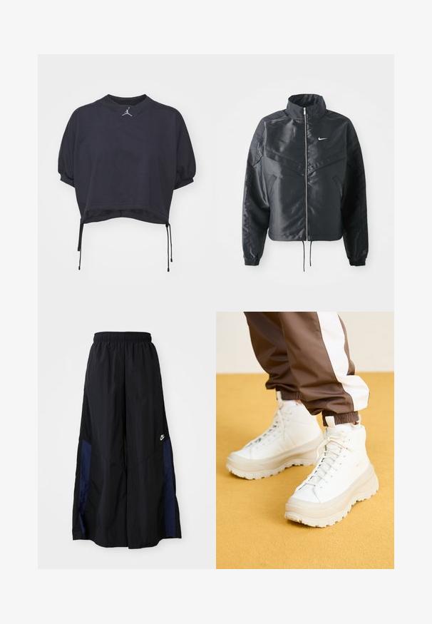 Black cropped jacket with high collar, zip closure, elastane cuffs, and a white Nike logo. Smooth, shiny fabric with a slightly textured surface.; Black cropped sweatshirt with a V-neck, short puff sleeves, drawstrings at the hem, and a small logo on the collar. Cotton material.; Black wide-leg pants made of lightweight fabric, featuring a navy blue side panel and an elastic waistband. Small white logo on bottom.; White high-top sneakers with a chunky, textured sole, featuring a smooth upper, round toe, and tonal laces, set against a yellow background.