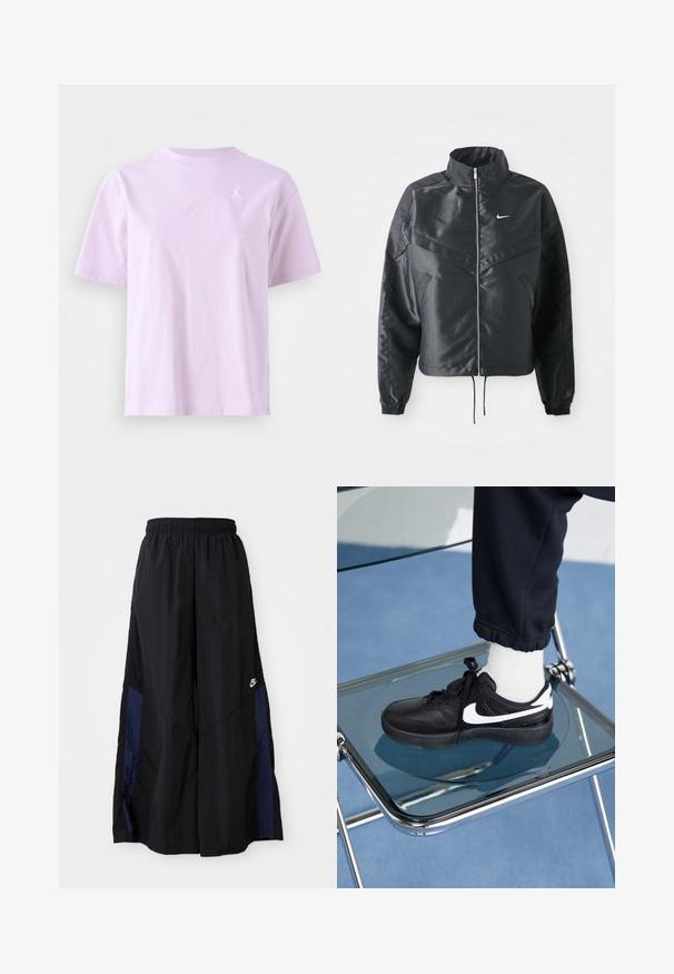 Black cropped jacket with high collar, zip closure, elastane cuffs, and a white Nike logo. Smooth, shiny fabric with a slightly textured surface.; Lavender cotton t-shirt with short sleeves, round neckline, and a small white logo on the left chest. Smooth texture and relaxed fit.; Black wide-leg pants made of lightweight fabric, featuring a navy blue side panel and an elastic waistband. Small white logo on bottom.; Black Nike sneakers with white accents, featuring a smooth leather texture, lace-up design, and rounded toe, positioned on a glass chair.