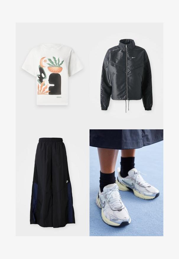 Must kolledžiga must lühike jope, millel on lukuga sulgus, elastne mansett ja valge Nike logo. Sile, läikiv kangas, millel on veidi tekstureeritud pind.; Valge T-särk, millel on abstraktne kunst mustast siluetist peast, roheline taim oranžis kausis peal, oranžid ja rohelised kujundid ning "RVCA" logo.; Mustad laiad mustad püksid kergest kangast, millel on tumesinine külgpaneel ja elastne vöökoht. Väike valge logo allservas.; Valged ja hõbedased Nike tennisajalatsid, millel on võrgukangas, peegeldavad detailid ja beež tald. Kantud mustade sokkidega, seisab sinisel pinnal.