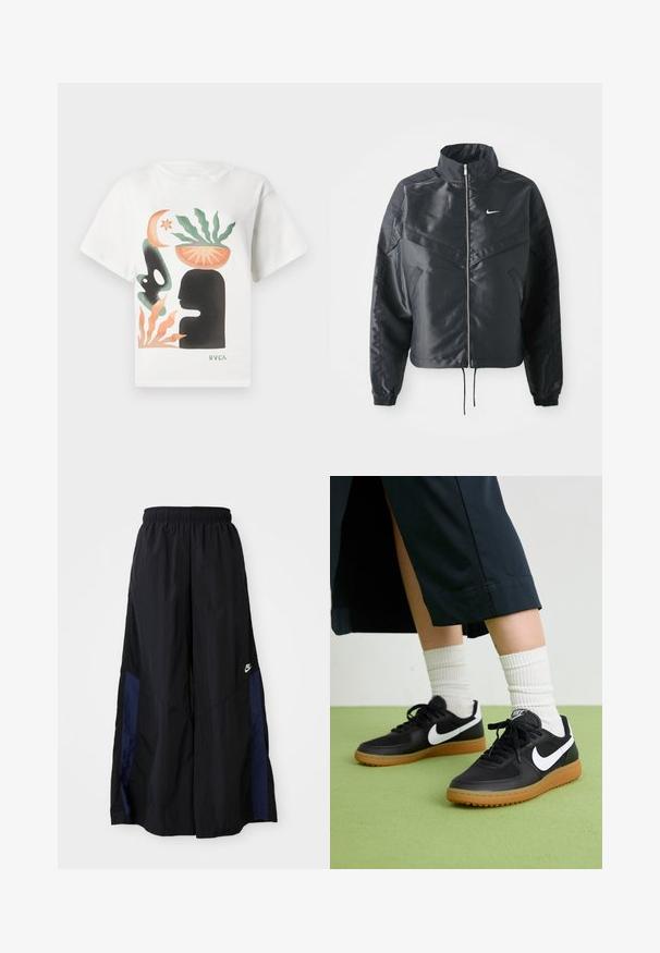 Melna apgriezta jaka ar augstu apkakli, rāvējslēdzēja aizdari, elastīna aprocēm un baltu Nike logo. Gluda, spīdīga auduma ar nedaudz teksturētu virsmu.; Balts T-krekls ar abstraktu mākslu: melna silueta galva, zaļa augu forma oranžā bļodā uz galvas, oranžas un zaļas formas, kā arī "RVCA" logo.; Melni plata kāju bikses no viegla auduma, ar tumši zilu sānu paneli un elastīgu jostu. Mazs balts logotips apakšā.; Melna āda un sintētiska materiāla sporta apavi ar baltu Nike logo, gumijas zole, apaļa purngala forma un melni šņores. Redzamas ribotas baltas zeķes.