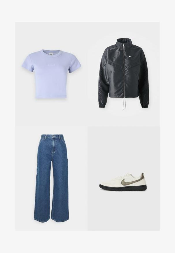Must kolledžiga must lühike jope, millel on lukuga sulgus, elastne mansett ja valge Nike logo. Sile, läikiv kangas, millel on veidi tekstureeritud pind.; Heled lavendli ribaga kootud lühikeste varrukatega crop t-särk, millel on ümmargune kaelus. Esipoolsel küljel on peene tikandiga logo.; Laiene jalad sinised denim püksid kõrge vöökohaga, kontrastsete õmblustega ja küljetaskutega, klassikalise viie taskuga disainiga ja toore servaga.; Nike Sportswear FIELD GENERAL - Tossud - off-white/black