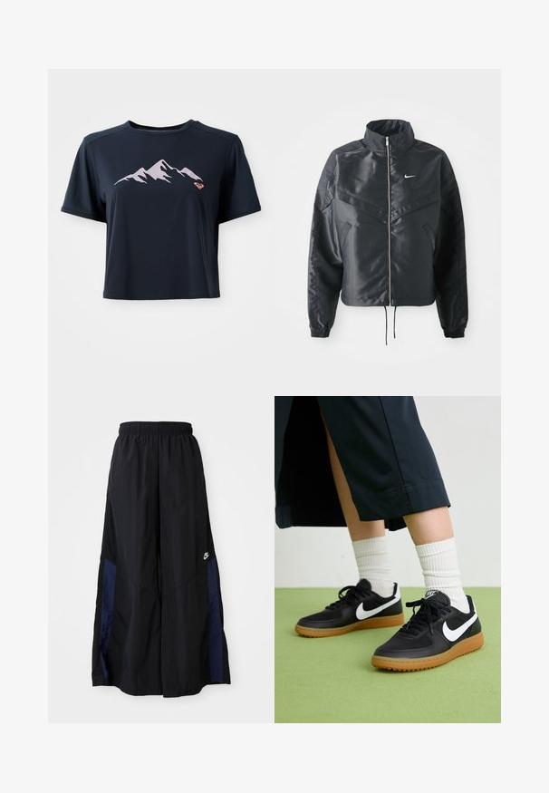 Black cropped jacket with high collar, zip closure, elastane cuffs, and a white Nike logo. Smooth, shiny fabric with a slightly textured surface.; Navy blue cropped t-shirt made of smooth fabric, featuring a light pink mountain graphic and a small orange logo on the lower left.; Black wide-leg pants made of lightweight fabric, featuring a navy blue side panel and an elastic waistband. Small white logo on bottom.; Black leather and synthetic sneakers with white Nike swoosh, rubber gum sole, round toe, and black laces. Ribbed white socks visible.