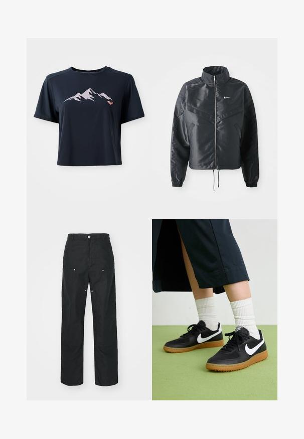 Zwarte cropped jack met hoge kraag, ritsluiting, elastische manchetten en een wit Nike-logo. Glad, glanzend materiaal met een licht gestructureerd oppervlak.; Marineblauw cropped t-shirt gemaakt van gladde stof, met een lichtroze berggrafiek en een klein oranje logo op de onderlinker.; Zwarte broek met een rechte pijpdesign, gemaakt van een textuurstof. Bevat decoratieve zilveren hardware en unieke naaddetails.; Zwarte leren en synthetische sneakers met witte Nike swoosh, rubberen gumzool, ronde neus en zwarte veters. Geribbelde witte sokken zichtbaar.