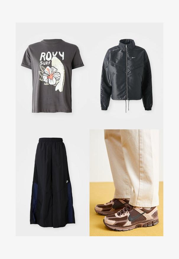 Čierna skrátená bunda s vysokým golierom, zipsovým uzatváraním, elastickými manžetami a bielym logom Nike. Hladká, lesklá tkanina s mierne textúrovaným povrchom.; Sivý bavlnený tričko s bielou grafikou ryby a hibiskusu s červenými detailmi, krátkymi rukávmi a okrúhlym výstrihom.; Čierne voľné nohavice vyrobené z ľahkého materiálu, s námorníckym modrým postranným panelom a elastickým pásom. Malé biele logo na spodnej časti.; Nike tenisky majú kombináciu hnedého a svetloružového sieťovinového a gumového materiálu, s čiernymi akcentmi a textúrovanou podrážkou, skombinované so béžovými nohavicami.