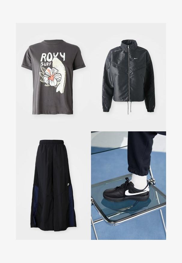 Sort cropped jakke med høj krave, lynlås lukning, elastiske manchetter og et hvidt Nike-logo. Glat, blankt stof med en let struktureret overflade.; Grå bomulds t-shirt med et hvidt grafisk motiv af en fisk og en hibiscusblomst med røde detaljer, korte ærmer og rund halsudskæring.; Sorte vide benbukser lavet af letvægtsstof, med et marineblåt sidepanel og en elastisk talje. Lille hvidt logo nederst.; Sorte Nike sneakers med hvide detaljer, der har en glat læderoverflade, snørebånd og rund tå, placeret på en glasstol.