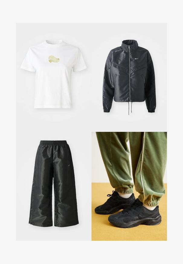 Veste noire courte avec col haut, fermeture éclair, poignets en élasthanne et logo Nike blanc. Tissu lisse et brillant avec une surface légèrement texturée.; T-shirt en coton blanc avec un design graphique jaune sur le devant. Col rond, manches courtes et coupe décontractée. Texture lisse.; Pantalons de sport noirs en tissu brillant et lisse, avec une taille élastique, des jambes larges et un petit logo sur le côté gauche.; Baskets de sport noires avec des empiècements en mesh et en synthétique, semelle texturée, associées à un pantalon de jogging vert avec des poignets élastiques, sur une surface jaune.