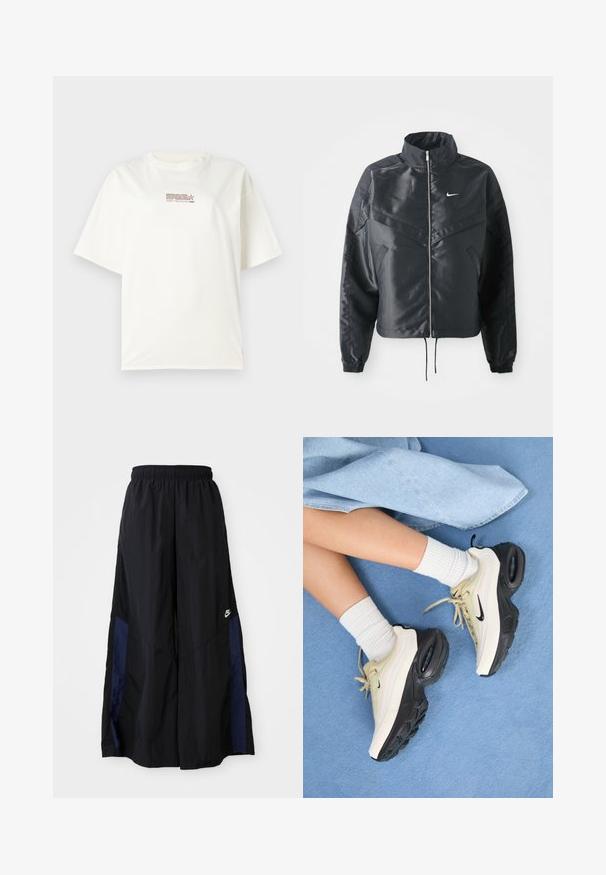 Black cropped jacket with high collar, zip closure, elastane cuffs, and a white Nike logo. Smooth, shiny fabric with a slightly textured surface.; White crew neck t-shirt with short sleeves, featuring a small red and brown logo text at the center front. Made of cotton material.; Black wide-leg pants made of lightweight fabric, featuring a navy blue side panel and an elastic waistband. Small white logo on bottom.; Nike Air Max sneakers feature a beige and black design, with a smooth upper, visible air cushioning, and flat rubber soles.