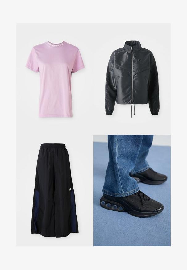 Melna apgriezta jaka ar augstu apkakli, rāvējslēdzēja aizdari, elastīna aprocēm un baltu Nike logo. Gluda, spīdīga auduma ar nedaudz teksturētu virsmu.; Gaiši rozā īsām piedurknēm T-krekls ar apaļu kakla izgriezumu, kurā uz apkakles ir balta teksta frāze "THE NORTH FACE". Mīksta kokvilnas auduma.; Melni plata kāju bikses no viegla auduma, ar tumši zilu sānu paneli un elastīgu jostu. Mazs balts logotips apakšā.; Melnas sporta kedas ar sietu augšdaļu, teksturētām akcentiem un redzamajām gaisa amortizācijas podiem zolei. Valkātas ar zilu džinsu biksēm.